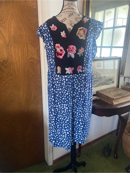 kirundo Dresses & Skirts - Blue Polka Dot Floral Appliqué Women's Dress